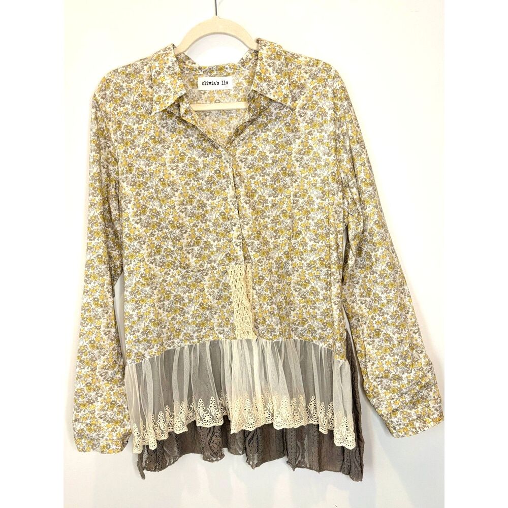 Women's Floral Lace Dainty Country Boho Shirt Top Cottagecore Size XL N63